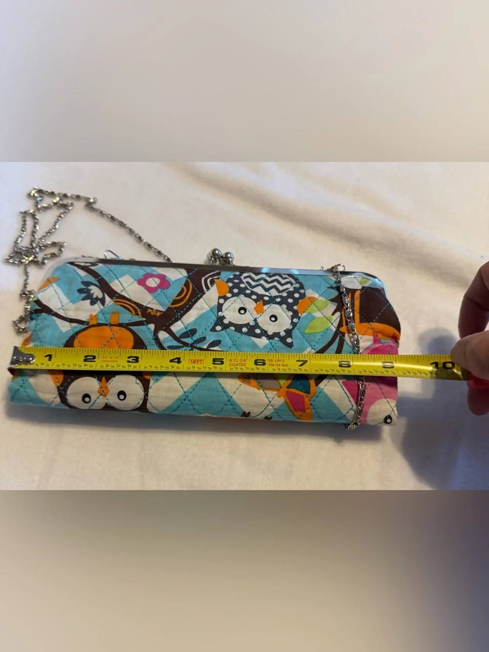 Owl Print Kiss Lock Wallet Clutch Crossbody Purse Chain Strap Colorful Quilted